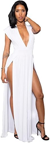 Women Sexy Deep V Neck Sleeveless Side Slit Casual Club Beach Maxi Tank Dress