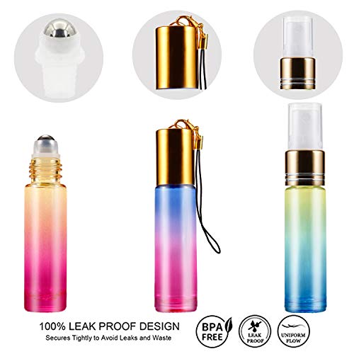 Essential Oil Roller Bottles,24 Pack 10ml Rainbow Color Roller Bottles for Essential Oils with Stainless Steel Roller Balls and Glass Spray Bottle (3 Droppers,2 Funnels,6 Extra Roller Balls,24 label