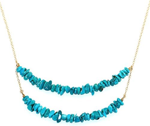 Handmade 14-kt Gold Filled Brass Double Layered Necklace with Turquoise Chips, 22"
