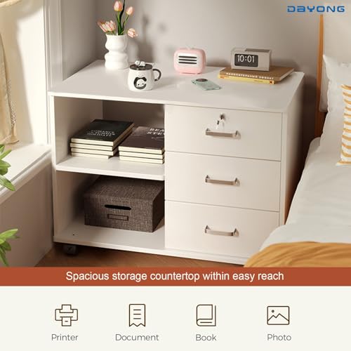 DAYONG Wooden Bedside Table, Modern Nightstand with 3 Drawers & Storage Shelves, Night Stands End Side Table for Bedroom Office, Dorm, Living Room, 60 x 34 x 59 cm (White)