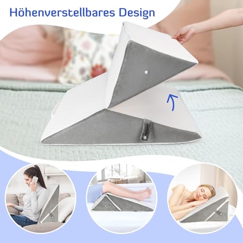Adjustable Wedge Cushion, High Density Foam Reading Cushion for Bed and Sofa, Ergonomic Pillow, Bed Wedge for Reflux Sleep Apnea, Leg Cushion, Perfect Back Cushion when Playing, Reading (White & Grey)