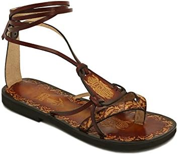 Calpas Handmade Hippie Boho Sandals, Unisex, Brown Burnished Leather Lace Up Handmade Flat Sandals With Design - Fantasy II (7.5-8)