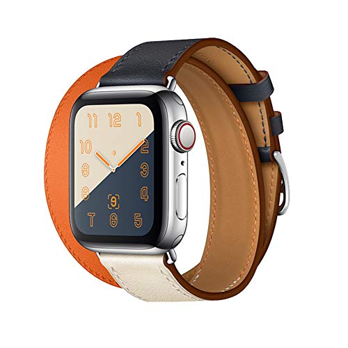 Replacement Band Compatible with Apple Watch Band 40mm iWatch Series 4, Genuine Leather Muti-Color Double Tour Bracelet Wrist Strap Wristband With Class Clasp For Men Women (Indigo/Craie/Orange, 40mm)