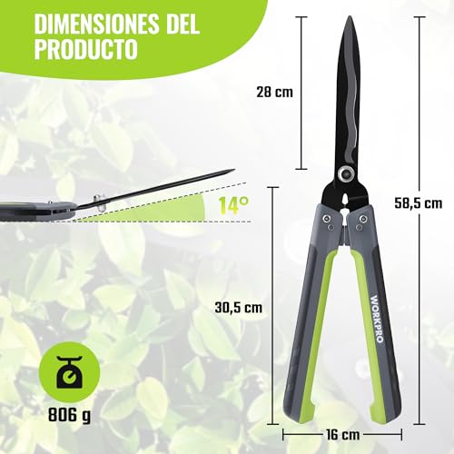 WORKPRO 23 Inch Folding and Ergonomic Hedge Shears for 2 Hands | 65Mn Steel, Wavy Blade, 14° Edge Design, Non-Slip Handle, Ideal for Cutting Hedges, Branches and Gardening