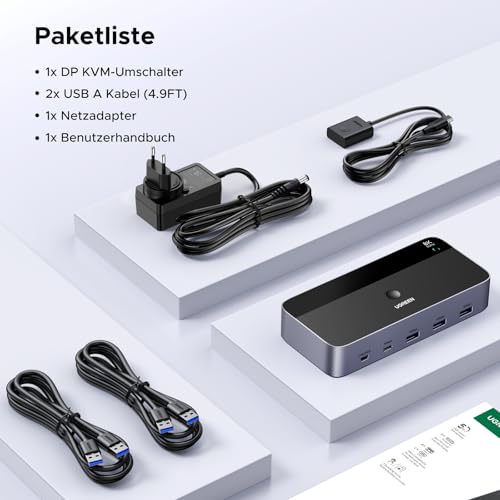 UGREEN Displayport KVM Switch 2 PC 2 Monitors 8K60Hz KVM Switch with 4 USB 3.0 Ports Keyboard and Desktop Controller Switching Compatible with Windows/Linux/MacOS etc.