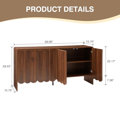Sideboard Buffet Cabinet, Accent Storage Cabinets with 4 Doors, Farmhouse Wood Cabinet with Adjustable Shelves and Wave Panel for Living Room, Dining Room, Entry - Walnut