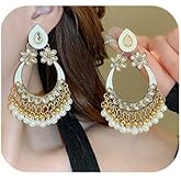 Missgrace Boho Indian Dainty Rhinestone Dangle Teardrop Faux Pearls Earrings for Women Vintage Retro Chandelier Earrings Beaded Crystal Jhumka Jhumki Tassel Studs Traditional Gold-Plated Earrings for Women