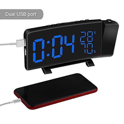 Alarm Clocks,(New Version) Projection Alarm Clock with FM Radio Multifunction LED Curved-Screen Projection FM Radio Digital Alarm Clock with Dual USB Port for Home Office Bedroom Living Room