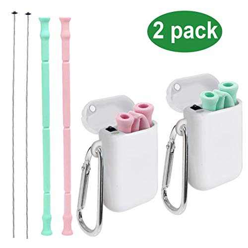 Senneny 2 Pack Collapsible Reusable Silicone Straws Food-Grade Folding Drinking Straws Keychain Portable Set with Carrying Case & Cleaning Brush- Pink & Green