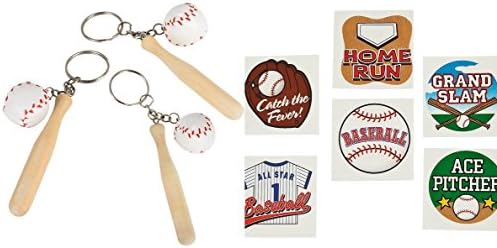 12 - Baseball Keychains with Bat and Ball + 72 Baseball Tattoos - Baseball party favors and toys