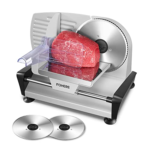 FOHERE Electric Bread Slicer with Adjustable Cutting Thickness (0-15 mm), 200 W Sausage Cutter, 2 x 19 cm Stainless Steel Round Knife, Ham Cutter, Safety Protection