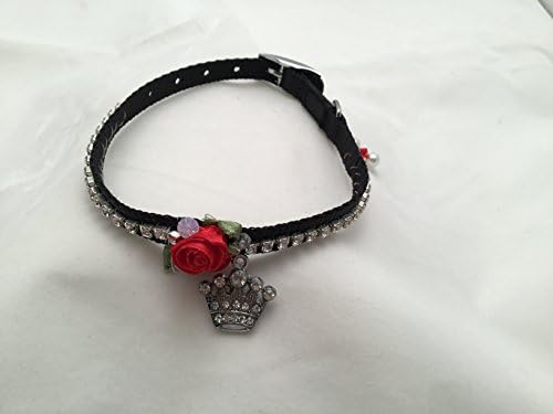 Black 12 Inch Long Nylon Dog Collar Adorned With Red Silk Rosettes, Swarovski Crystal Chain and a Crystal Crown Charm Fit for a King