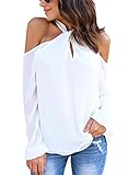 FARYSAYS Women's Long Sleeve Cold Shoulder Halter Knot Neck Shirt Blouse Tops White XX-Large