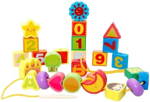 M MOCHOHOME Wooden Numbers and Letters Lacing Beads Toy
