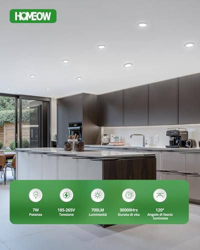HOMEOW 12 x Recessed LED Spotlights for Plasterboard, 220 V 7 W 6000 K Cool Light Spotlights for Recessed Interior LED Spotlights, IP44 Spotlight for Bathroom, Diameter 118 mm, Hole Diameter 95-110 mm