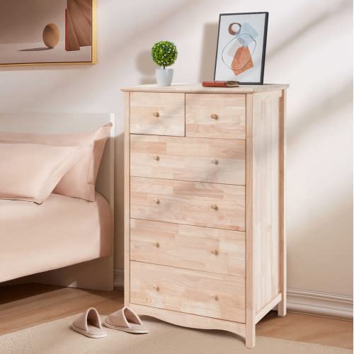VINGLI Unfinished Natural Solid Wood 6 Drawer Dresser for Bedroom