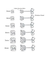 Juego de 6 pares de pendientes de tuerca con circonita cúbica transparente y redonda, chapados en oro blanco de 18 quilates, 4 unidades (6 pares)