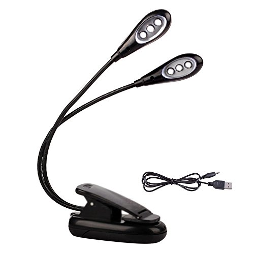 HIYI LED Music Stand Light Book Reading Lamp Flexible Eye Care Dimmable Clip Light Best Suited For Bed Reading BBQ Grilling Desk Travel (2 arms 6 led chips with USB cable)