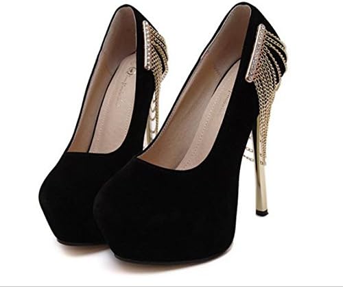 YINHAN Women's Closed Round Toe High Heel Platform Pumps with Jewelry Gold Shoe Chain-black-37
