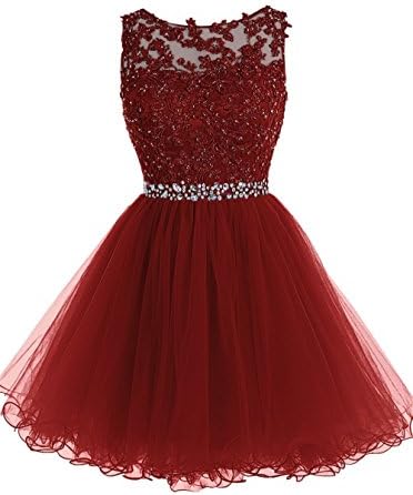 SHANGSHANGXI Short Ball Gown Prom Dresses Tulle Puffy Lace Sweet 15 Dresses Burgundy,8
