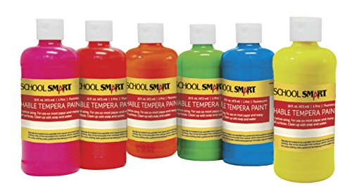 School Smart 1439240 Non-Toxic Washable Tempera Paint Set, 1-Pint Plastic Bottle, Assorted Fluorescent Color (Pack of 6)