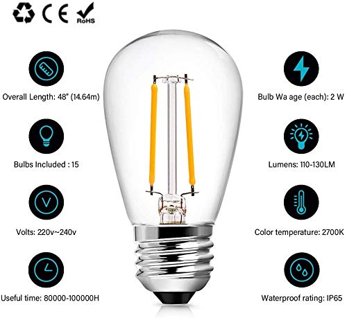 Lichtketting gloeilamp LED retro, 48ft IP65 waterdicht 15 2W LED-lampen E27 op warm wit 2700K verlichting met netvoeding… - Afbeelding 4