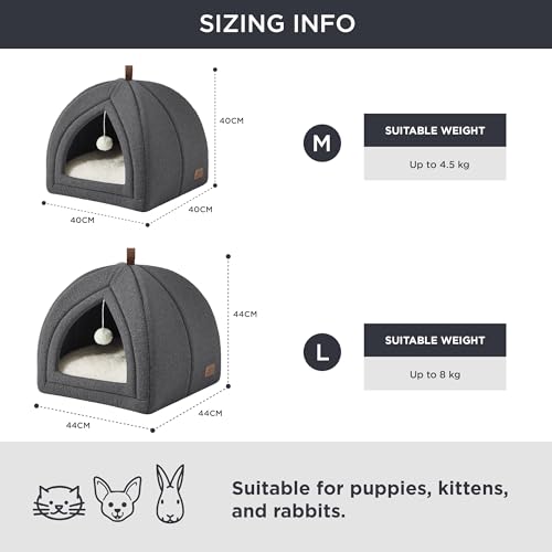 Bedsure Large Cat Bed - Cat Cave 44 x 44 x 44 cm, Indoor Cat House with Removable Sherpa Cushion and Hanging Toy, Washable Bed, Dark Grey