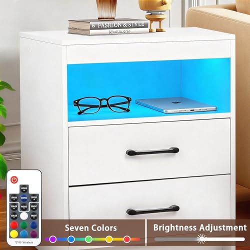 ansefe Night Stand with Charging Station and Ambient Light, LED Nightstand with USB-C Ports and Outlets, Morden Bedside Table with 2 Drawers and Open Compartment, End Table for Bedroom, White