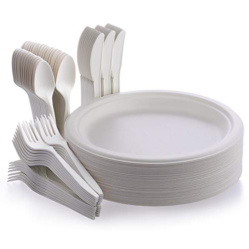 Fuyit 200 x Disposable Sugarcane Bagasse Plates, Disposable Cutlery, Forks, Knives and Spoons for Parties, Camping and Picnics, Birthdays