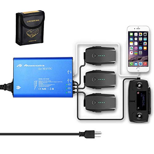 Powerextra Mavic Pro & Platinum & Alpine White 176W 5 in 1 Rapid Intelligent Multi Battery Charger Hub (Charge 3 Batteries & 2 USB Ports) + Mavic Pro Battery Safe Bag (Not Fit for Mavic 2)