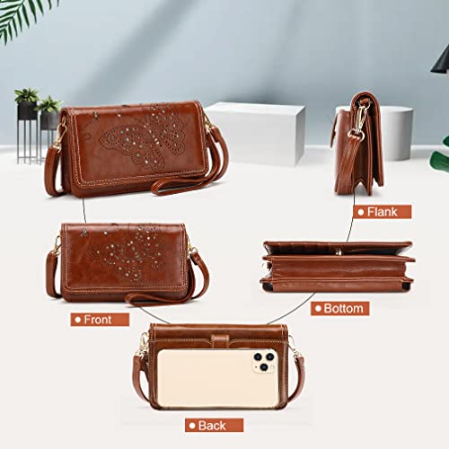 APHISON Multi-Function Small Crossbody Bags For Women,Cell Phone Shoulder Bag,Clutch Purse,RFID Wristlet Wallet,Card Holder - RED-BROWN
