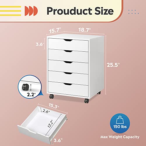 DEVAISE 5Drawer Chest, Wood Storage Dresser with Wheels, White