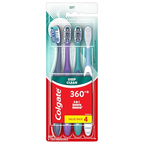 Colgate 360 Deep Clean Soft Toothbrush for 4 in 1 Bacterial Removal, Features Floss Tip Bristles and Tongue Cleaner, 4 Count