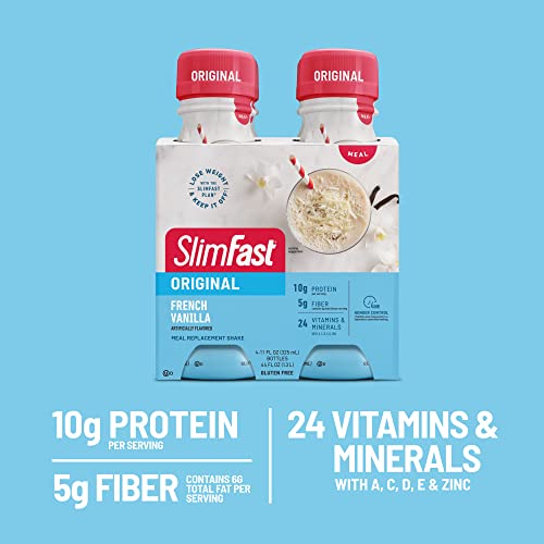 SLIMFAST MEAL REPLACEMENT SHAKE, ORIGINAL FRENCH VANILLA, 10G OF READY TO DRINK PROTEIN FOR WEIGHT LOSS, 11 FL. OZ BOTTLE, 4 COUNT (PACKAGING MAY VARY)