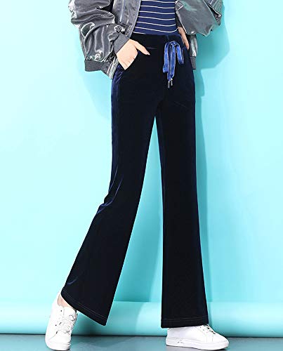 Kedera Women's Corduroy Velvet Pants Comfy Pull on Elastic Waist Trousers Drawstring Pants Dark Blue