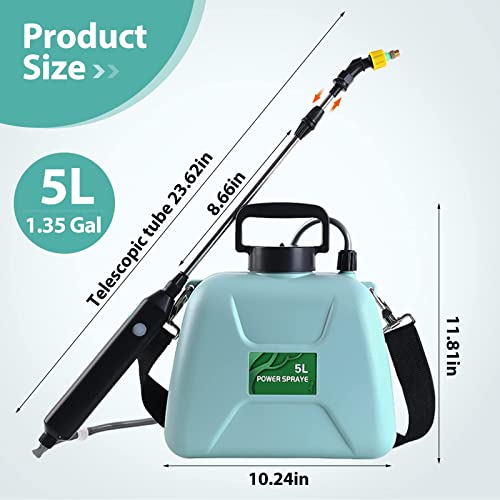 Uniiking® 1.35 Gallon/5L Battery Powered Electric Sprayer with USB Rechargeable Handle, Portable Garden Sprayer with 23.6" Telescopic Wand, 3 Mist Nozzles and Adjustable Shoulder Strap
