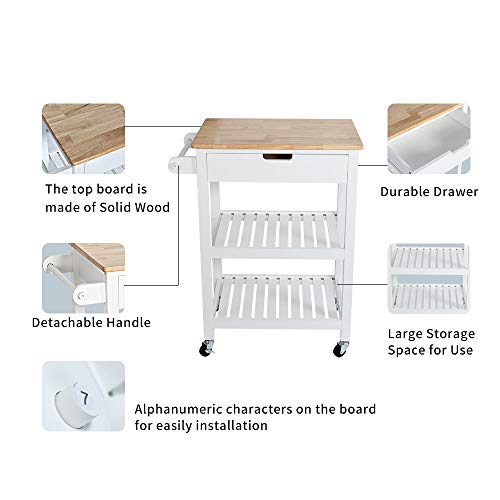 U-Eway Kitchen Rolling Island,Bar Serving Cart on Wheels,3 Tiers Wine Tea Beer Shelves Holder with Drawer,Trolley with Storage for Dining Rooms Kitchens (White)