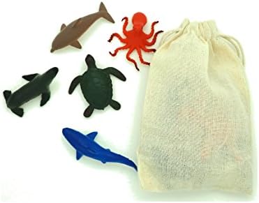 12 Pack Party Favor Cotton Goody Bags - Ocean Sea Animals - Each Contains 12 Miniature Assorted Sea Animal Figurines