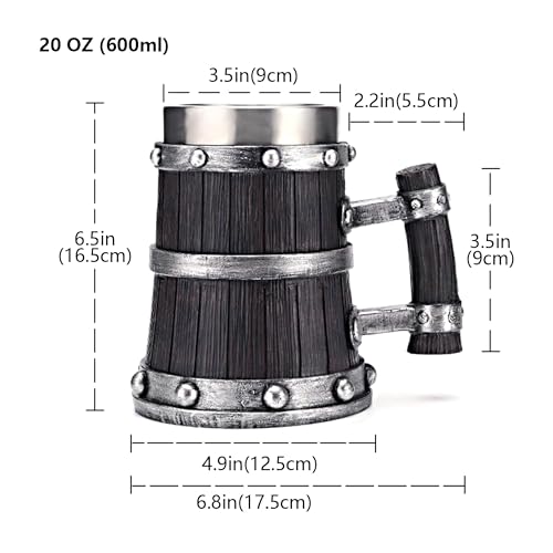 Medieval Viking Wooden Beer Stein, 304 with Stainless Steel Liner,Nordic Viking Runes Tankard Coffee Cup Home Decor, Capacity 20 OZ (Black) Men Father’s Day Gift | Beer Mug | Dubai Souvenir