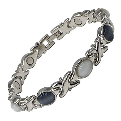 Ladies Magnetic Bracelet for Women - Grey Cats Eye Gemstones - Fits Wrists up to 7.5" Adjustable - with Jewellery Gift Box