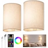 EZVALO Battery Operated Wall Sconce Set of Two with Remote, Wall Lights | Rechargeable, Peel and Stick, Wireless, 3 Color &amp; 80 RGB, Dimmable, Timer, Fabric Linen Wall Mount Lamp for Bedroom