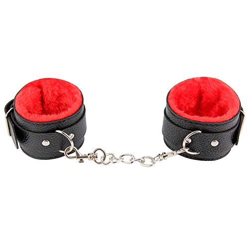 Handcuffs Furry Lined Handcuff Litchi Pattern Adjustable Plush PU Leather Cuffs Soft Wrist & Ankle Cuff-Black and Red