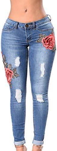 Lady Swain Women's Denim Rose Embroidered Destroyed Frayed Hem Skinny Jeans Frayed Hem Skinny Jeans For Women (XX-Large, Blue)