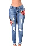 Lady Swain Women's Denim Rose Embroidered Destroyed Frayed Hem Skinny Jeans