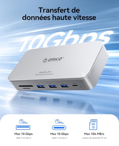 ORICO Station d'accueil 11 en 1 avec boîtier SSD M.2 NVMe/SATA de 8 To, station d'accueil pour ordinateur portable, 2 moniteurs avec HDMI, 1 DP 8K @ 30 Hz, 2 USB-A/C 10 Gbps, SD/TF, 100 W PD, 1 Gbit/s