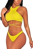 Viottis Women's Push Up High Neck Lace-up Crop Top Bikini Set Bathing Suit