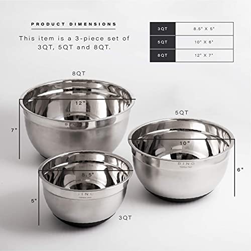 BINO 3Piece Stainless Steel Mixing Bowl Set with Lids, Black