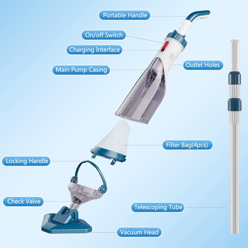 Enhulk Powerful Swimming Pool Vacuum Cleaner, Handheld Rechargeable Pool Hoover with Telescopic Pole, Up to 60 min Runtime, Suction up to 4200L/H, Ideal for Above Ground & Inground Pool, Spas