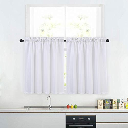 Haperlare White Tier Curtains, Waffle Woven Textured Kitchen Curtains Cafe Curtains, Waterproof Rod Pocket Half Window Treatment Curtains for Bathroom, 30" x 24", White, Set of 2 - Thumbnail 2