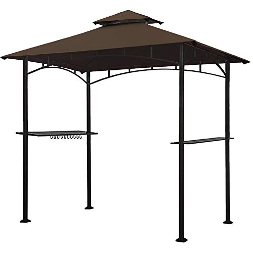 Keymaya 8x5 Grill Gazebo Shelter for Patio and Outdoor Backyard BBQ's, Double Tier Soft Top Canopy and Steel Frame with Bar Counters, Bonus LED Light X2 (Brown)